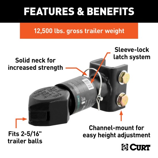 CURT Adjustable Channel Coupler - 12,000 lbs Capacity, Sleeve-Lock CURT adjustable channel coupler with sleeve-lock latch and black powder coat finish for secure towing.