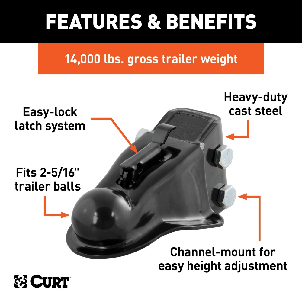CURT adjustable channel coupler featuring a dual-bolt mount and easy-lock latch