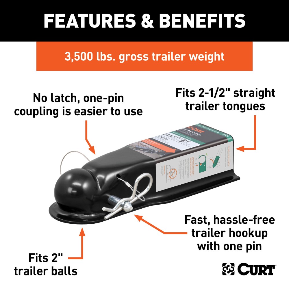 CURT QuickPin Trailer Coupler - Stress-Free Towing Solution CURT QuickPin trailer coupler with hitch pin for easy towing connection