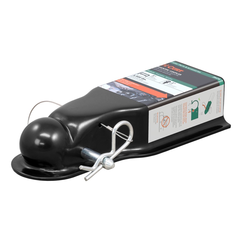 CURT QuickPin trailer coupler with revolutionary pin latch design for secure towing.