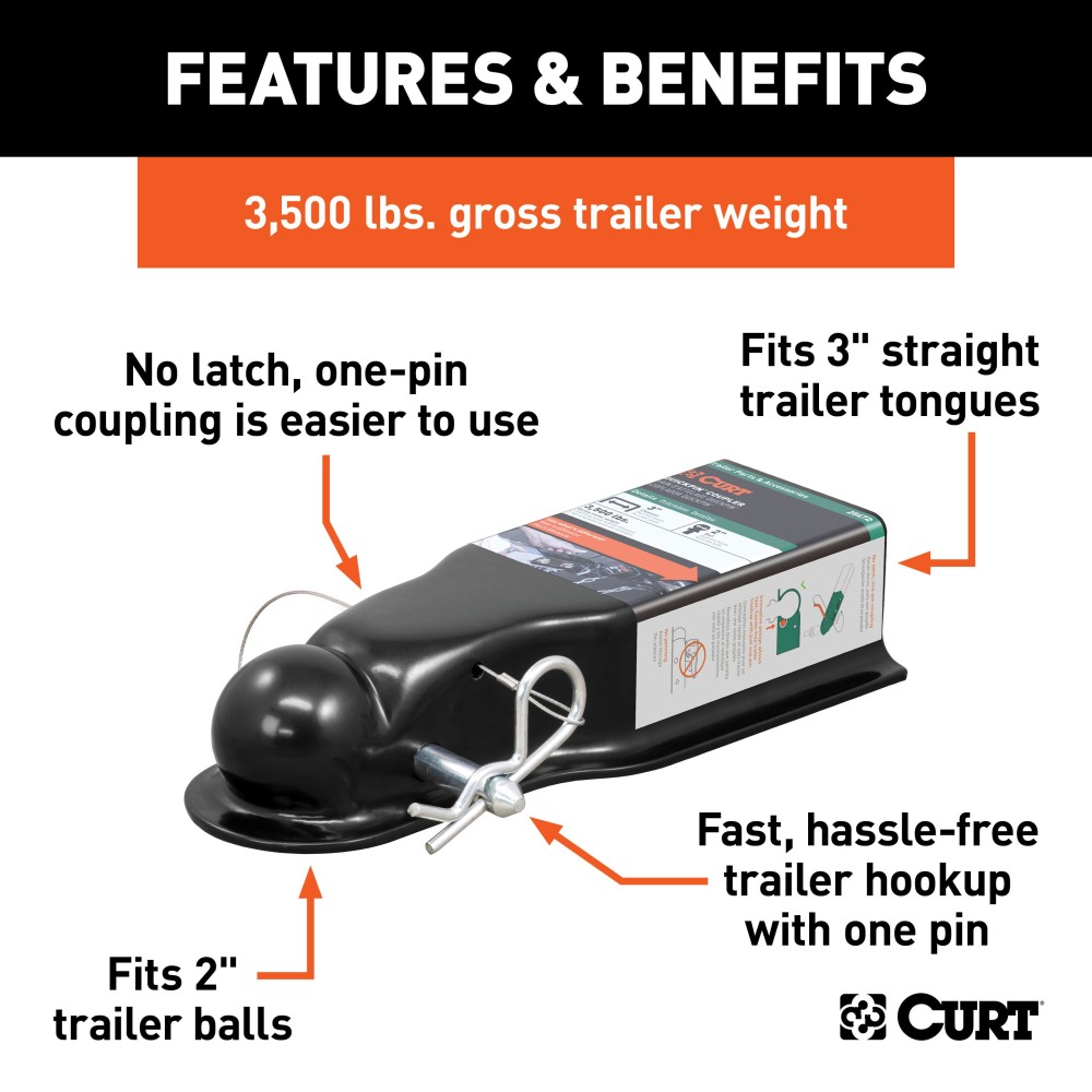 CURT QuickPin trailer coupler with revolutionary pin latch design for secure towing.