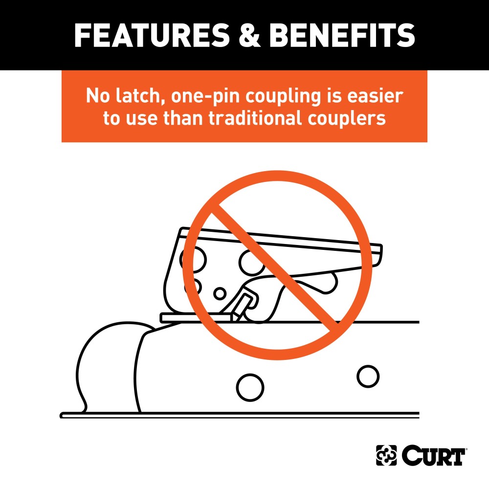 CURT QuickPin trailer coupler with revolutionary pin latch design for secure towing.