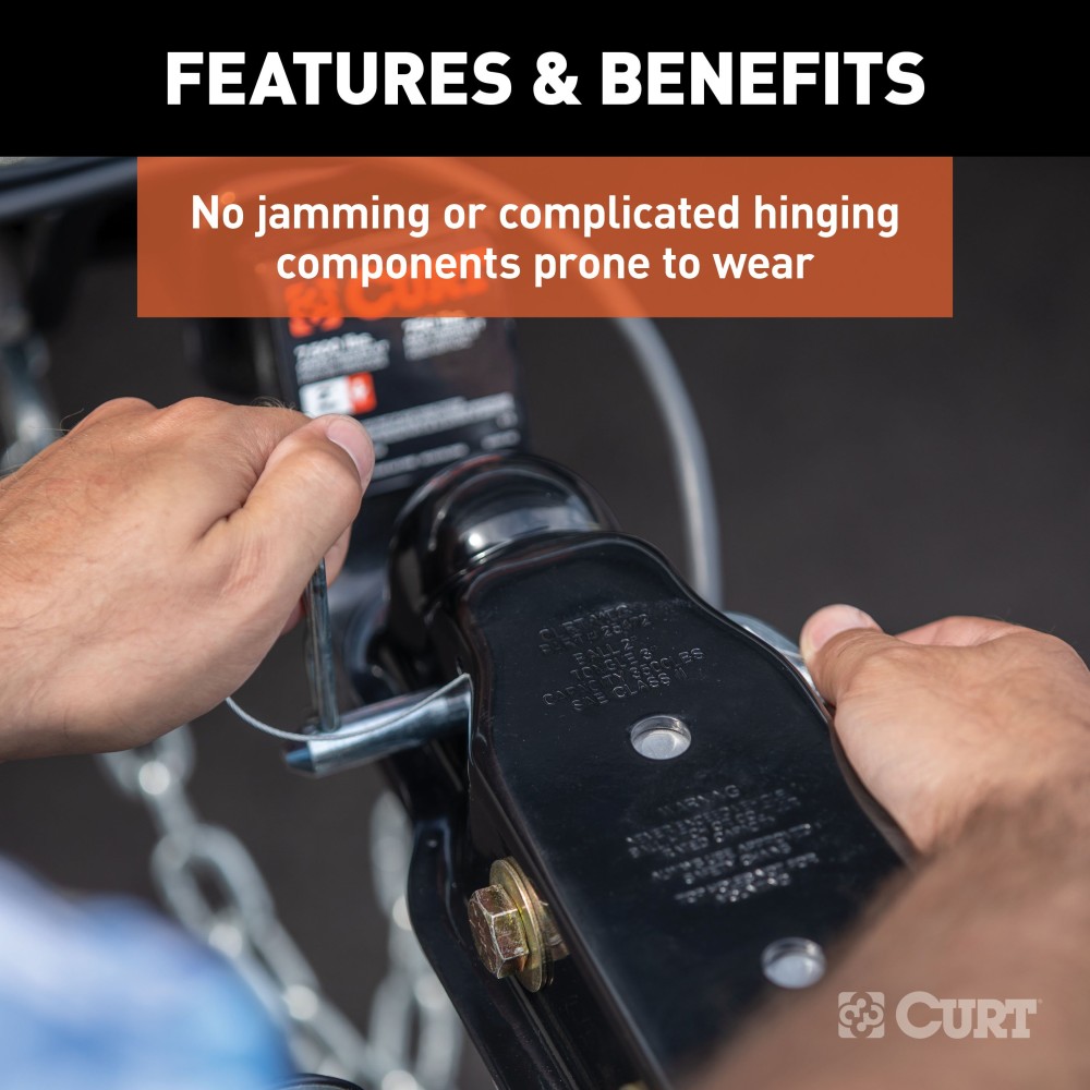 CURT QuickPin trailer coupler with revolutionary pin latch design for secure towing.