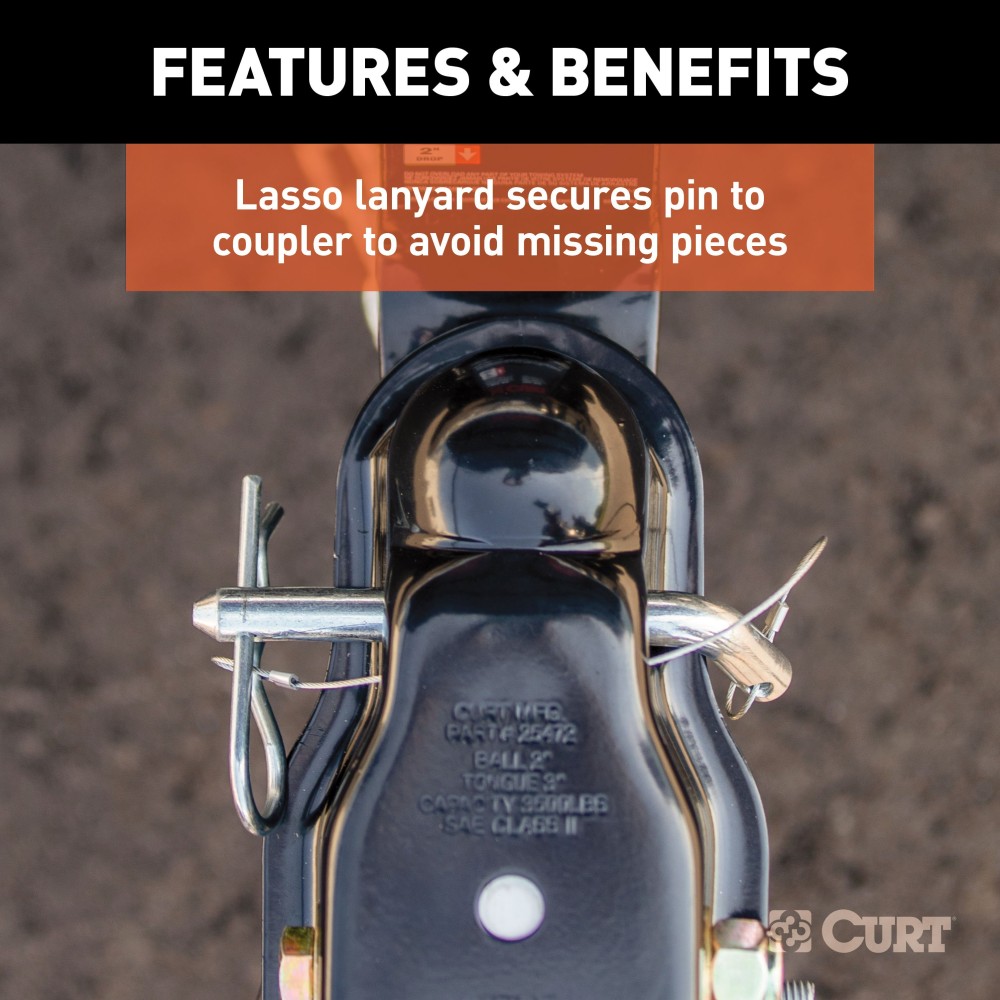 CURT QuickPin trailer coupler with revolutionary pin latch design for secure towing.