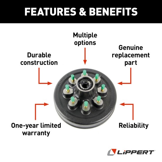 Lippert Brake Drum Hub Assembly for 8,000-lb Axle Lippert brake drum hub assembly fits 8,000-lb axle with 8 on 6.5 inch bolt pattern