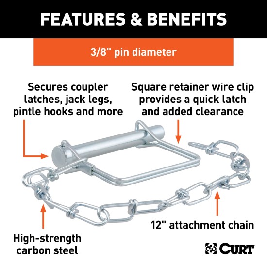 CURT Safety Pin with Durable Zinc-Plated Finish and Chain CURT safety pin with zinc plating and 12-inch chain attachment for trailer couplers.