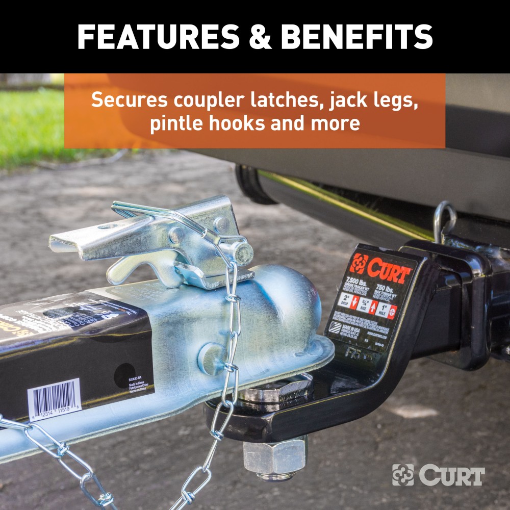 CURT Safety Pin with Durable Zinc-Plated Finish and Chain CURT safety pin with zinc plating and 12-inch chain attachment for trailer couplers.