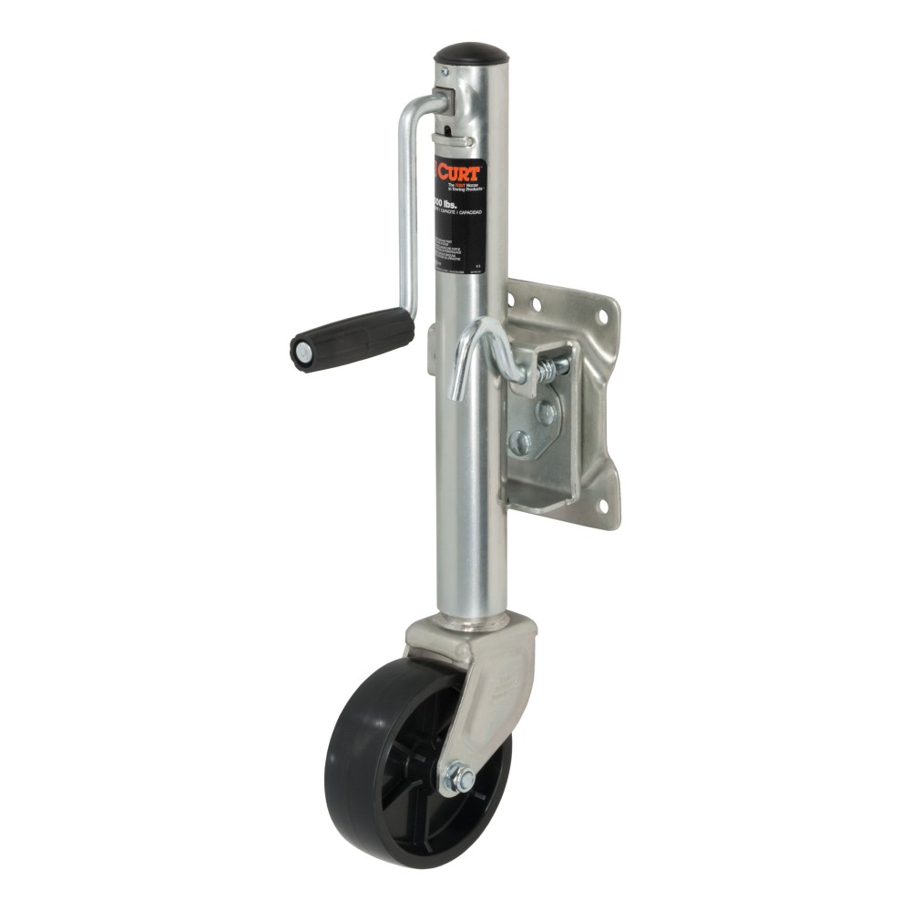 CURT Marine Trailer Jack with Zinc Finish and Swivel Design CURT marine trailer jack with 1200 lbs capacity, zinc finish, 6-inch wheel, and swivel design for trailers.