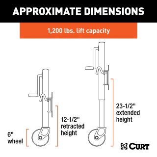 CURT Marine Trailer Jack with Zinc Finish and Swivel Design CURT marine trailer jack with 1200 lbs capacity, zinc finish, 6-inch wheel, and swivel design for trailers.