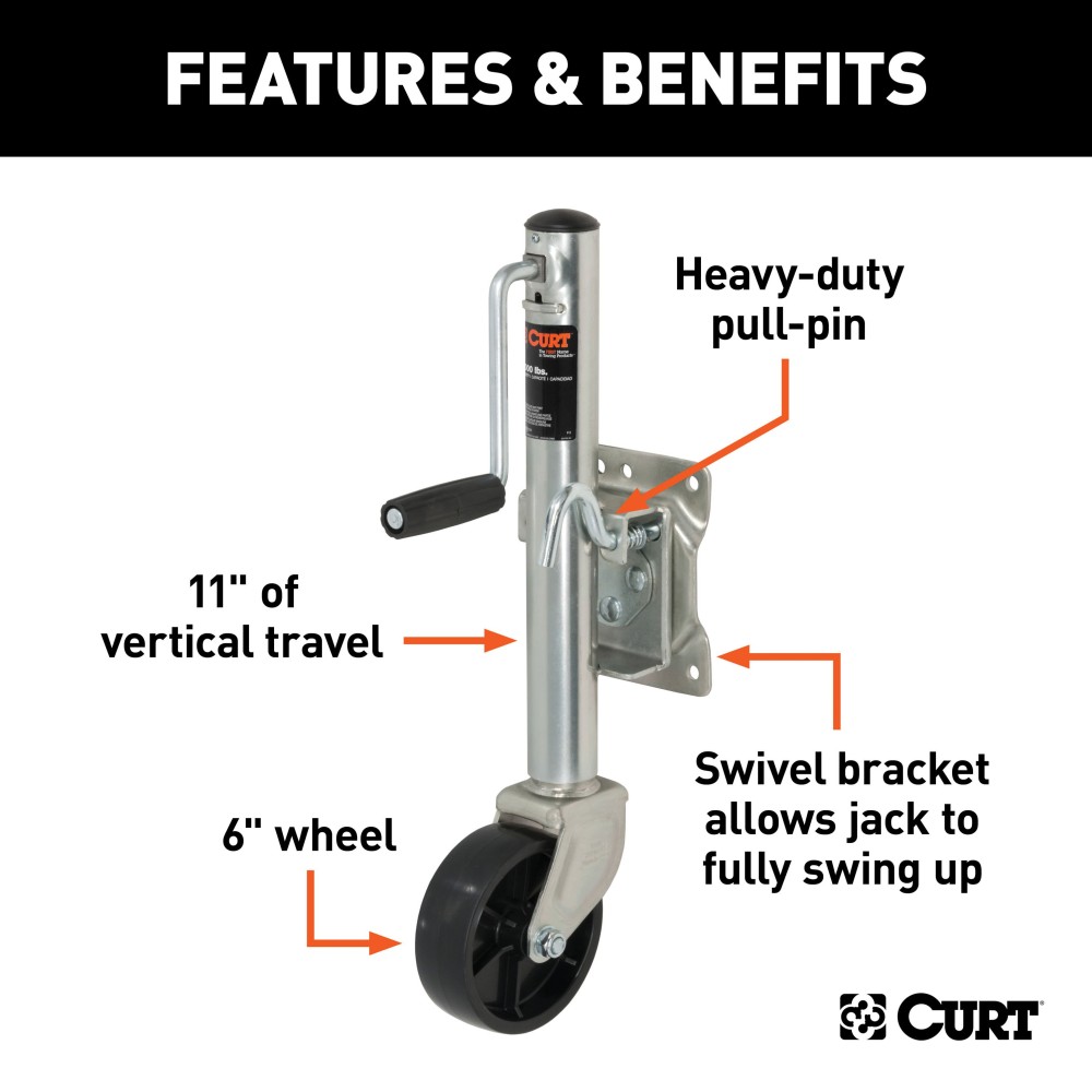 CURT Marine Trailer Jack with Zinc Finish and Swivel Design CURT marine trailer jack with 1200 lbs capacity, zinc finish, 6-inch wheel, and swivel design for trailers.