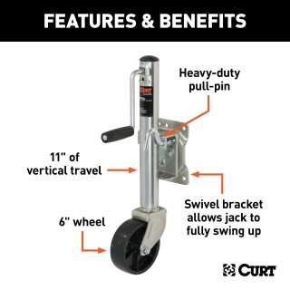 CURT Marine Trailer Jack with Zinc Finish and Swivel Design CURT marine trailer jack with 1200 lbs capacity, zinc finish, 6-inch wheel, and swivel design for trailers.
