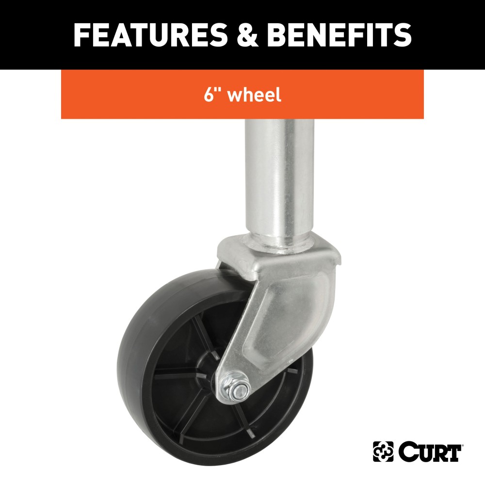 CURT Marine Trailer Jack with Zinc Finish and Swivel Design CURT marine trailer jack with 1200 lbs capacity, zinc finish, 6-inch wheel, and swivel design for trailers.