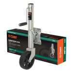 CURT marine trailer jack featuring a zinc finish, 8-inch wheel, side-wind handle, and heavy-duty pull-pin for easy trailer mobility and maneuverability.