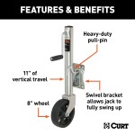 CURT marine trailer jack featuring a zinc finish, 8-inch wheel, side-wind handle, and heavy-duty pull-pin for easy trailer mobility and maneuverability.