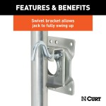 CURT marine trailer jack featuring a zinc finish, 8-inch wheel, side-wind handle, and heavy-duty pull-pin for easy trailer mobility and maneuverability.