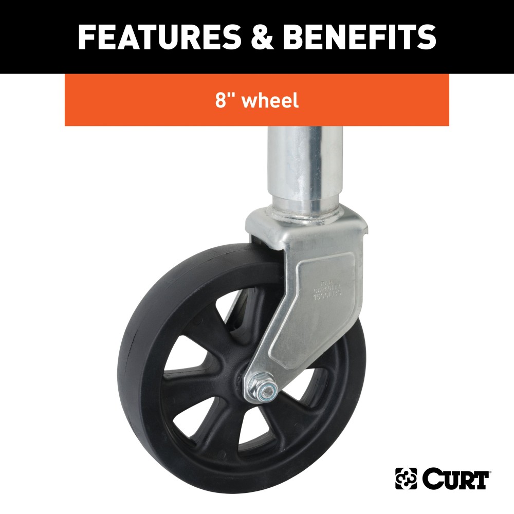 CURT marine trailer jack featuring a zinc finish, 8-inch wheel, side-wind handle, and heavy-duty pull-pin for easy trailer mobility and maneuverability.