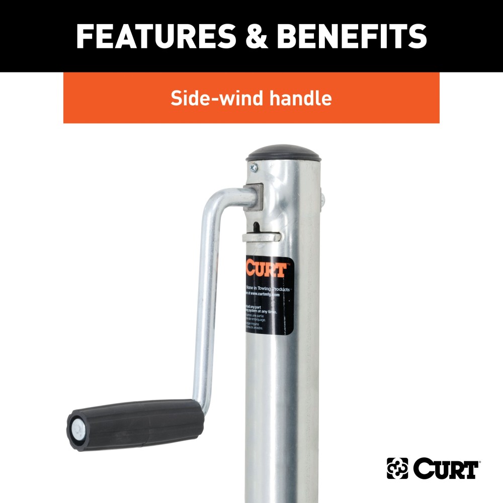 CURT marine trailer jack featuring a zinc finish, 8-inch wheel, side-wind handle, and heavy-duty pull-pin for easy trailer mobility and maneuverability.