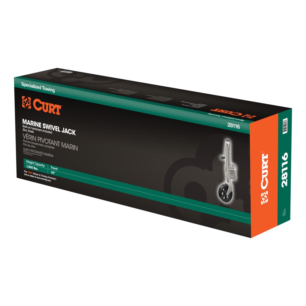 CURT marine trailer jack featuring a zinc finish, 8-inch wheel, side-wind handle, and heavy-duty pull-pin for easy trailer mobility and maneuverability.
