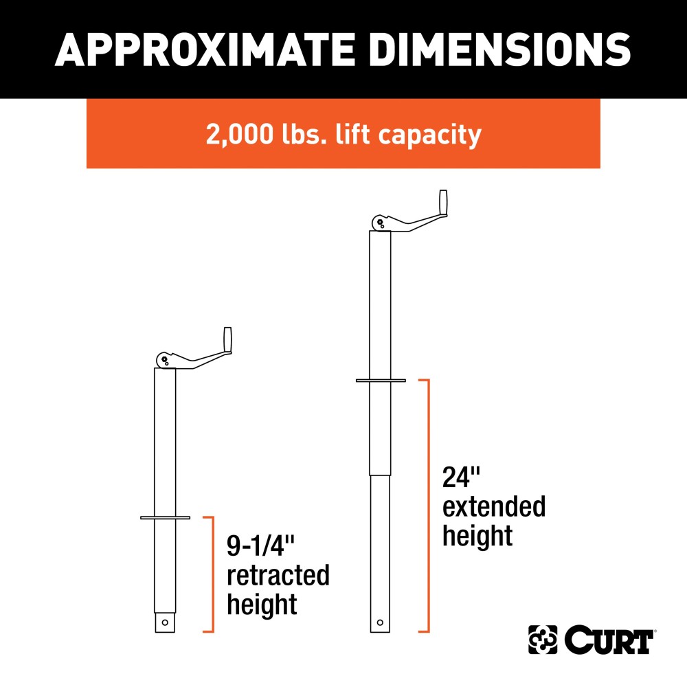 CURT A-frame Trailer Jack with Top-wind Handle and 2000 lbs Lift CURT A-frame trailer jack, 2000 lbs lift capacity, top-wind handle, 15-inch travel.