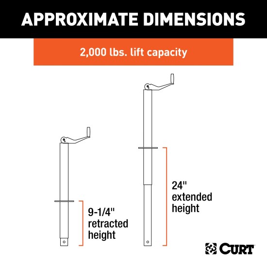 CURT A-frame Trailer Jack with Top-wind Handle and 2000 lbs Lift CURT A-frame trailer jack, 2000 lbs lift capacity, top-wind handle, 15-inch travel.