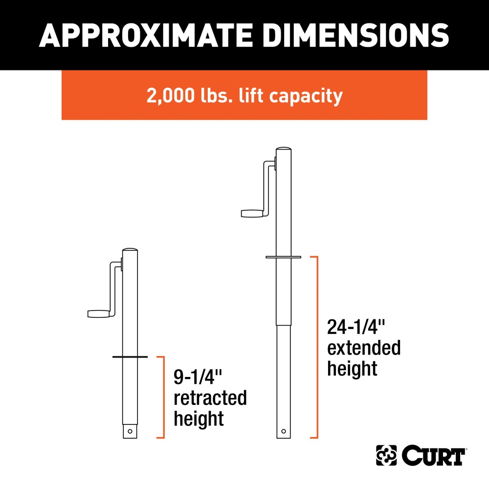 CURT A-Frame Trailer Jack with Side-Wind Handle for Towing CURT A-frame trailer jack with side-wind handle, rated for 3,000 lbs support and 2,000 lbs lift capacity.