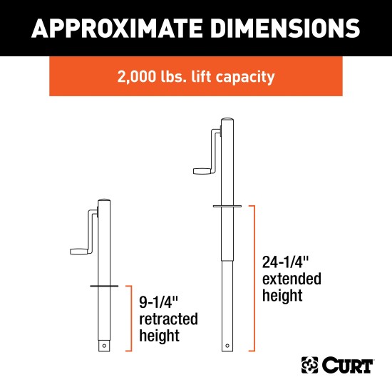 CURT A-Frame Trailer Jack with Side-Wind Handle for Towing CURT A-frame trailer jack with side-wind handle, rated for 3,000 lbs support and 2,000 lbs lift capacity.