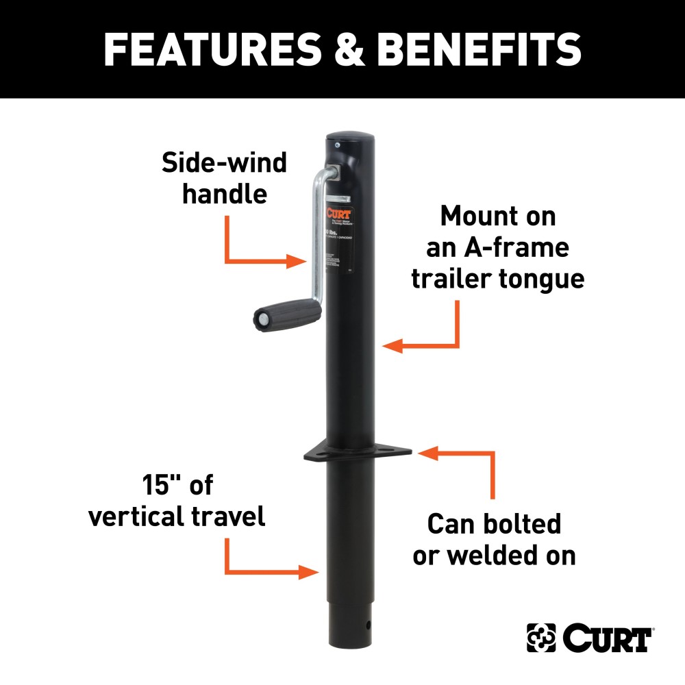 CURT A-Frame Trailer Jack with Side-Wind Handle for Towing CURT A-frame trailer jack with side-wind handle, rated for 3,000 lbs support and 2,000 lbs lift capacity.