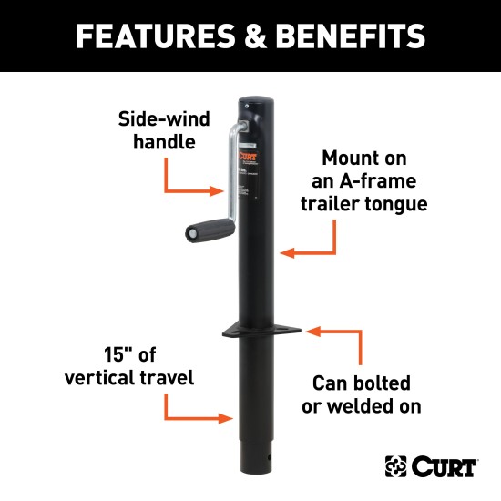 CURT A-Frame Trailer Jack with Side-Wind Handle for Towing CURT A-frame trailer jack with side-wind handle, rated for 3,000 lbs support and 2,000 lbs lift capacity.