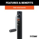 CURT A-Frame Trailer Jack with Side-Wind Handle for Towing CURT A-frame trailer jack with side-wind handle, rated for 3,000 lbs support and 2,000 lbs lift capacity.