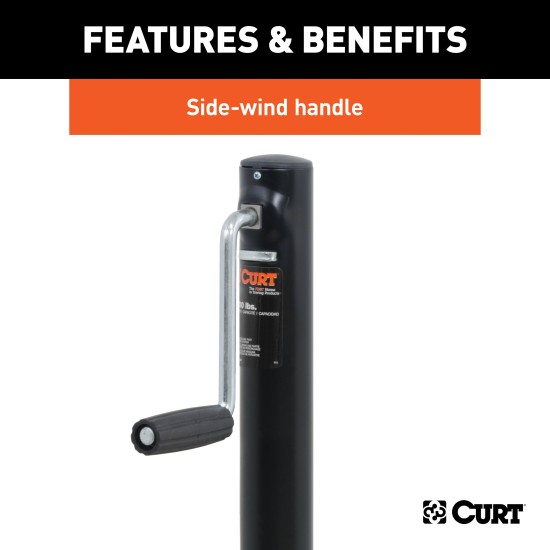 CURT A-Frame Trailer Jack with Side-Wind Handle for Towing CURT A-frame trailer jack with side-wind handle, rated for 3,000 lbs support and 2,000 lbs lift capacity.