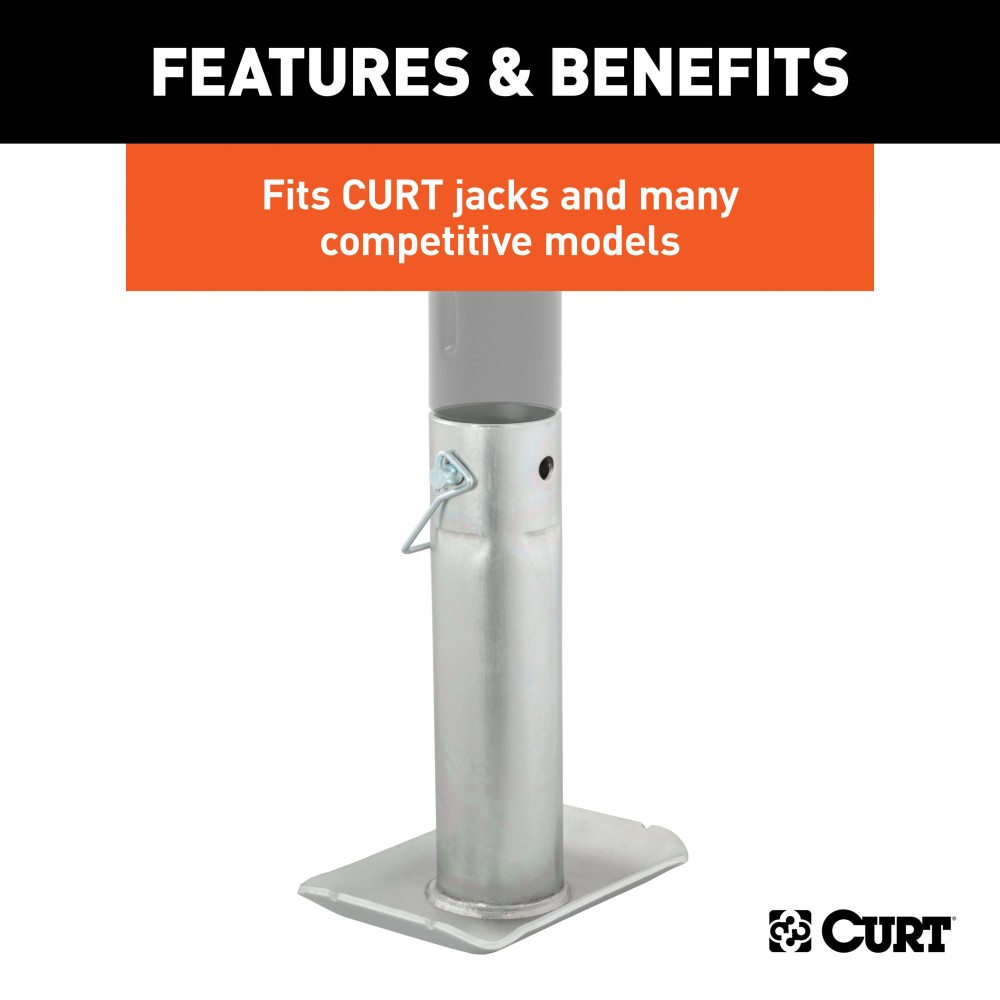 CURT Steel Trailer Jack Foot Plate with Safety Pin Attachment CURT steel jack footplate with safety pin, fits 2 inch diameter tubes, supports 2000 lbs
