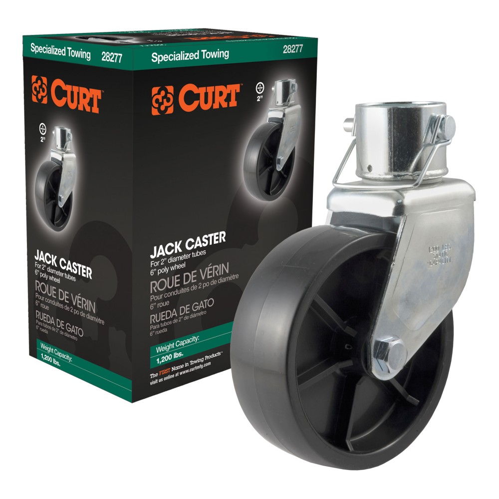 CURT Trailer Jack with 6 Inch Poly Wheel and Safety Pin CURT trailer jack with 6 inch poly wheel designed for 2 inch tubes, supports 1,200 lbs.