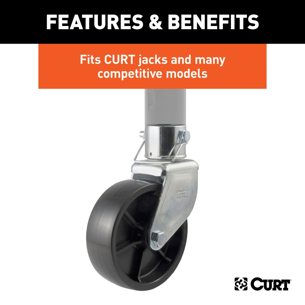 CURT Trailer Jack with 6 Inch Poly Wheel and Safety Pin CURT trailer jack with 6 inch poly wheel designed for 2 inch tubes, supports 1,200 lbs.