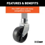CURT Trailer Jack with 6 Inch Poly Wheel and Safety Pin CURT trailer jack with 6 inch poly wheel designed for 2 inch tubes, supports 1,200 lbs.