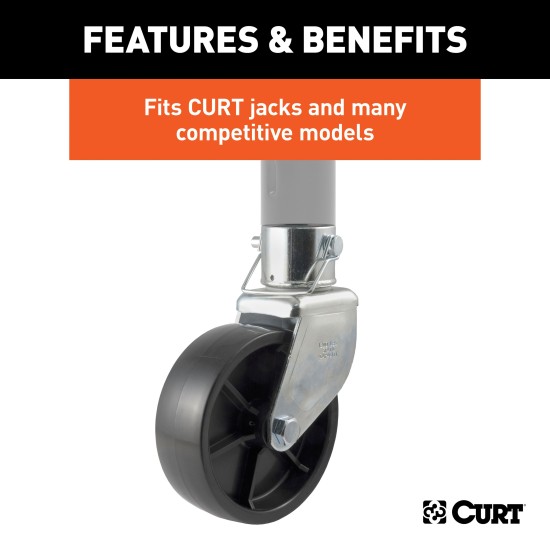 CURT Trailer Jack with 6 Inch Poly Wheel and Safety Pin CURT trailer jack with 6 inch poly wheel designed for 2 inch tubes, supports 1,200 lbs.