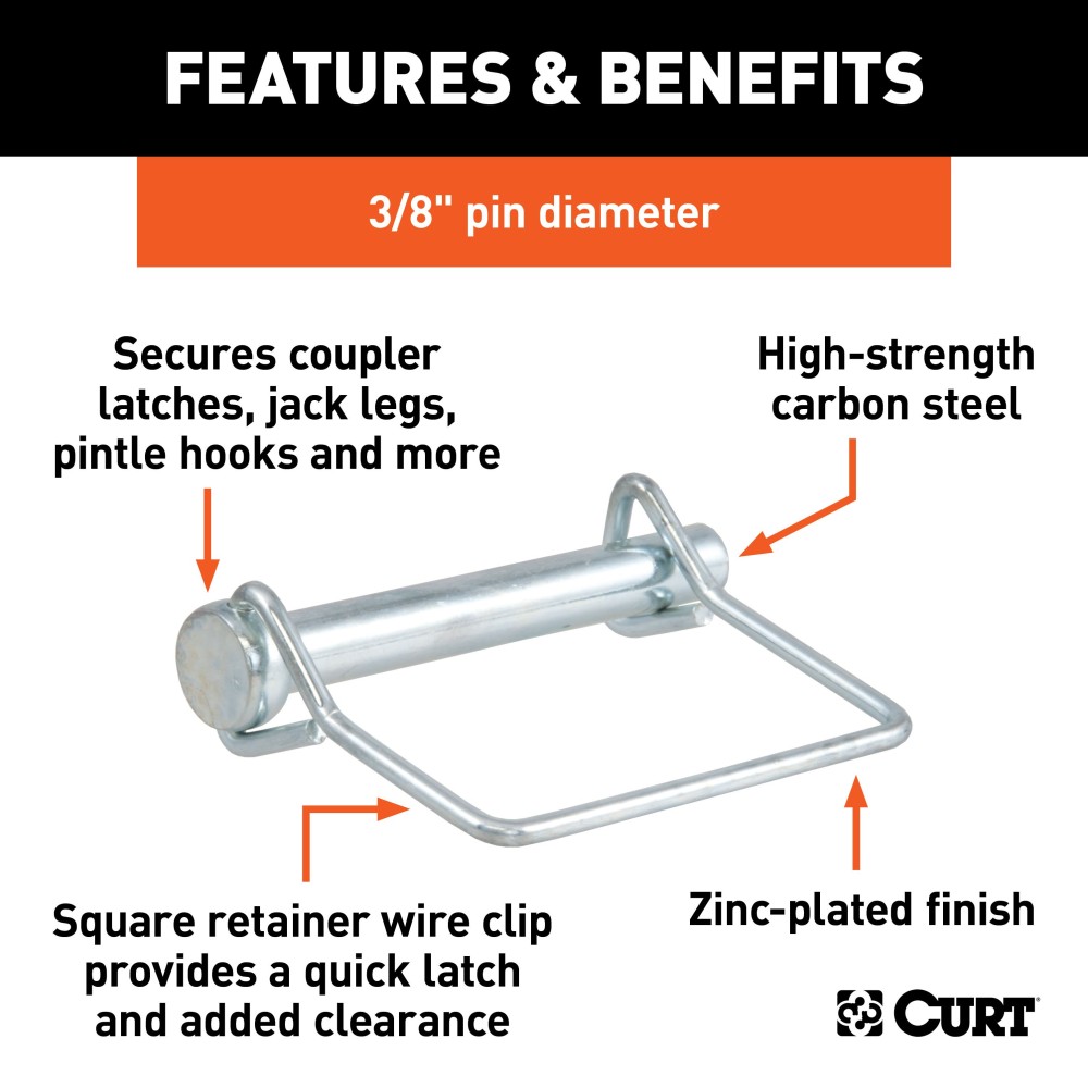 CURT Safety Pins - Secure Trailer Couplers with Steel Pins CURT safety pins with zinc plating for rust protection, 3/8 inch diameter