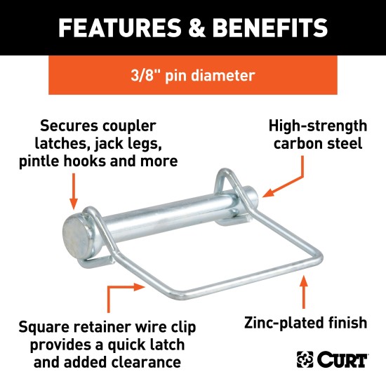 CURT Safety Pins - Secure Trailer Couplers with Steel Pins CURT safety pins with zinc plating for rust protection, 3/8 inch diameter