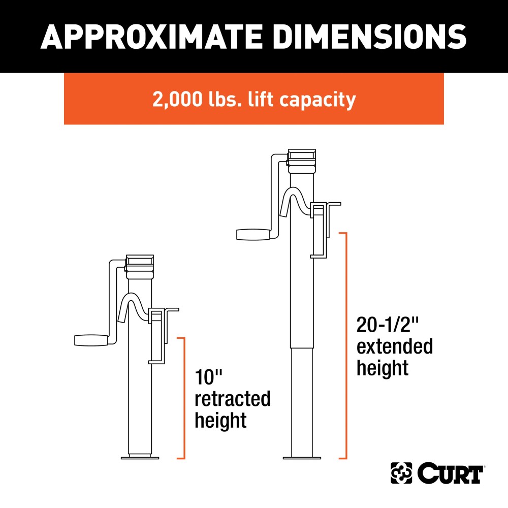 CURT Trailer Jack with Swivel Bracket and Side-Wind Handle CURT swivel trailer jack with 3000 lbs support capacity and welded foot plate