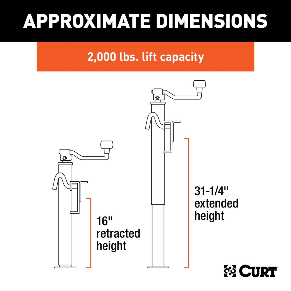 CURT Bracket Mount Swivel Trailer Jack with 3000 lbs Capacity CURT trailer jack with swivel feature providing 3000 lbs support and 2000 lbs lift capacity, ideal for various trailers.