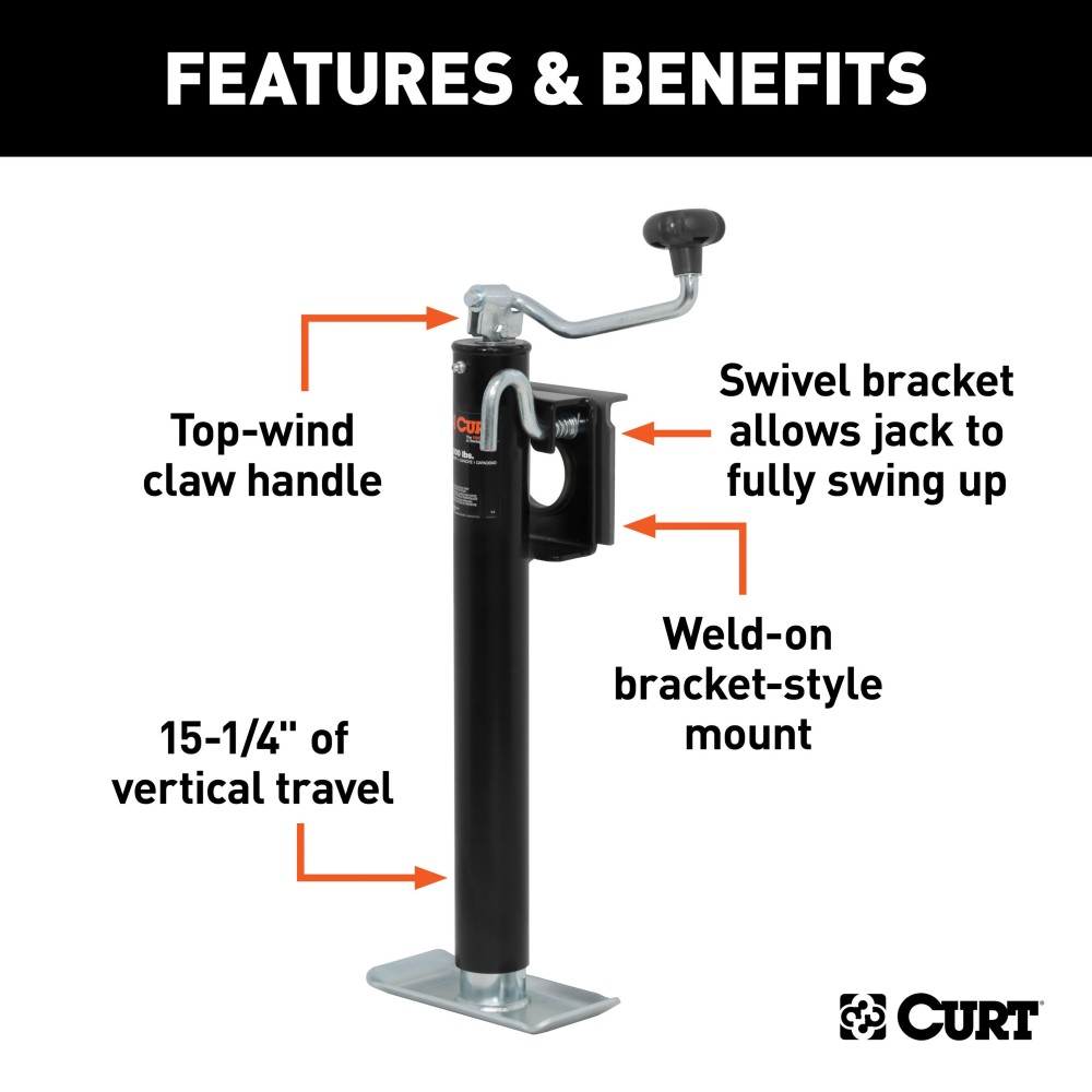 CURT Bracket Mount Swivel Trailer Jack with 3000 lbs Capacity CURT trailer jack with swivel feature providing 3000 lbs support and 2000 lbs lift capacity, ideal for various trailers.