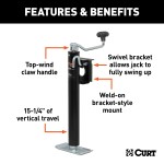 CURT Bracket Mount Swivel Trailer Jack with 3000 lbs Capacity CURT trailer jack with swivel feature providing 3000 lbs support and 2000 lbs lift capacity, ideal for various trailers.