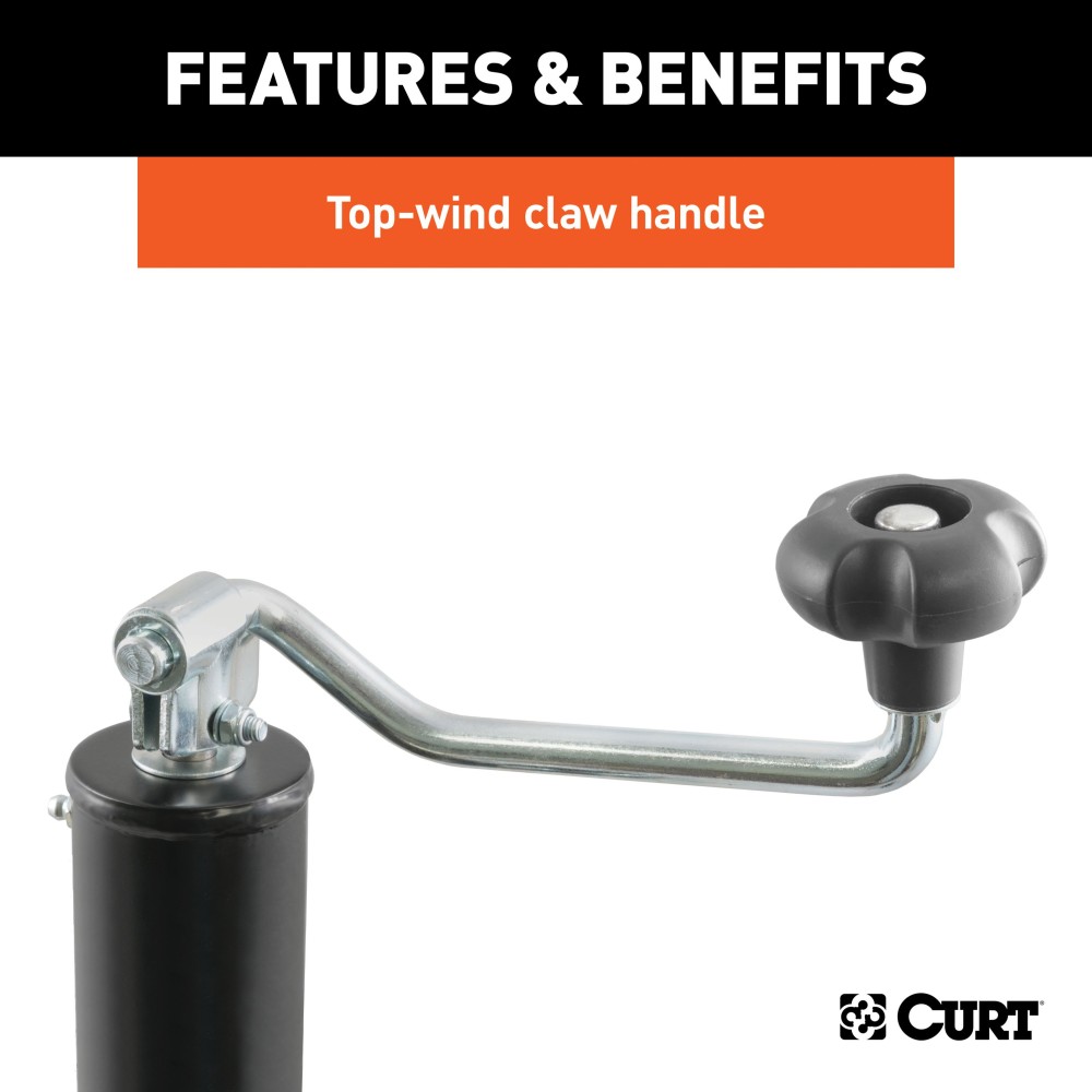 CURT Bracket Mount Swivel Trailer Jack with 3000 lbs Capacity CURT trailer jack with swivel feature providing 3000 lbs support and 2000 lbs lift capacity, ideal for various trailers.
