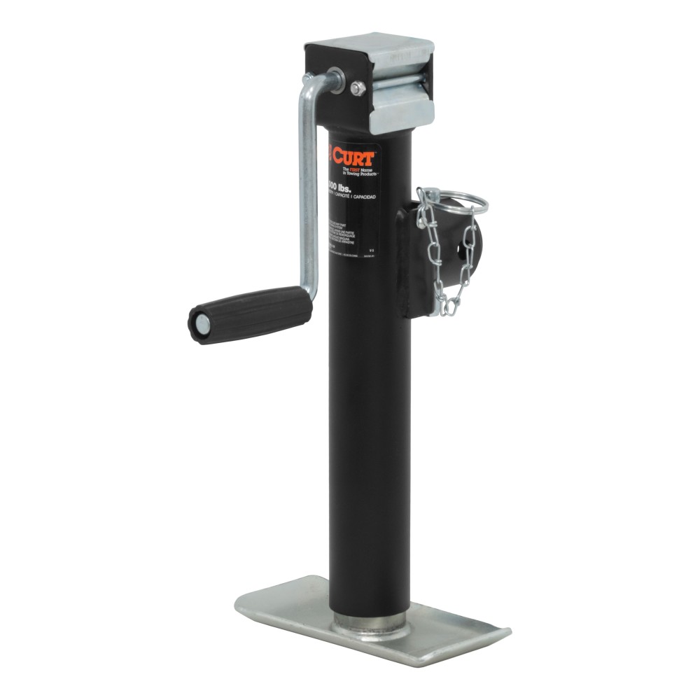 CURT pipe mount swivel jack rated for 3,000 lbs. support with swivel feature and side-wind handle