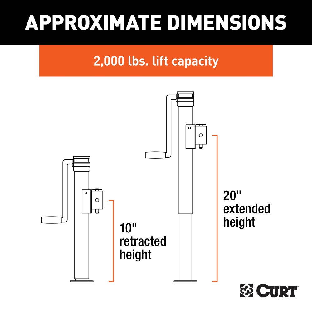 CURT pipe mount swivel jack rated for 3,000 lbs. support with swivel feature and side-wind handle