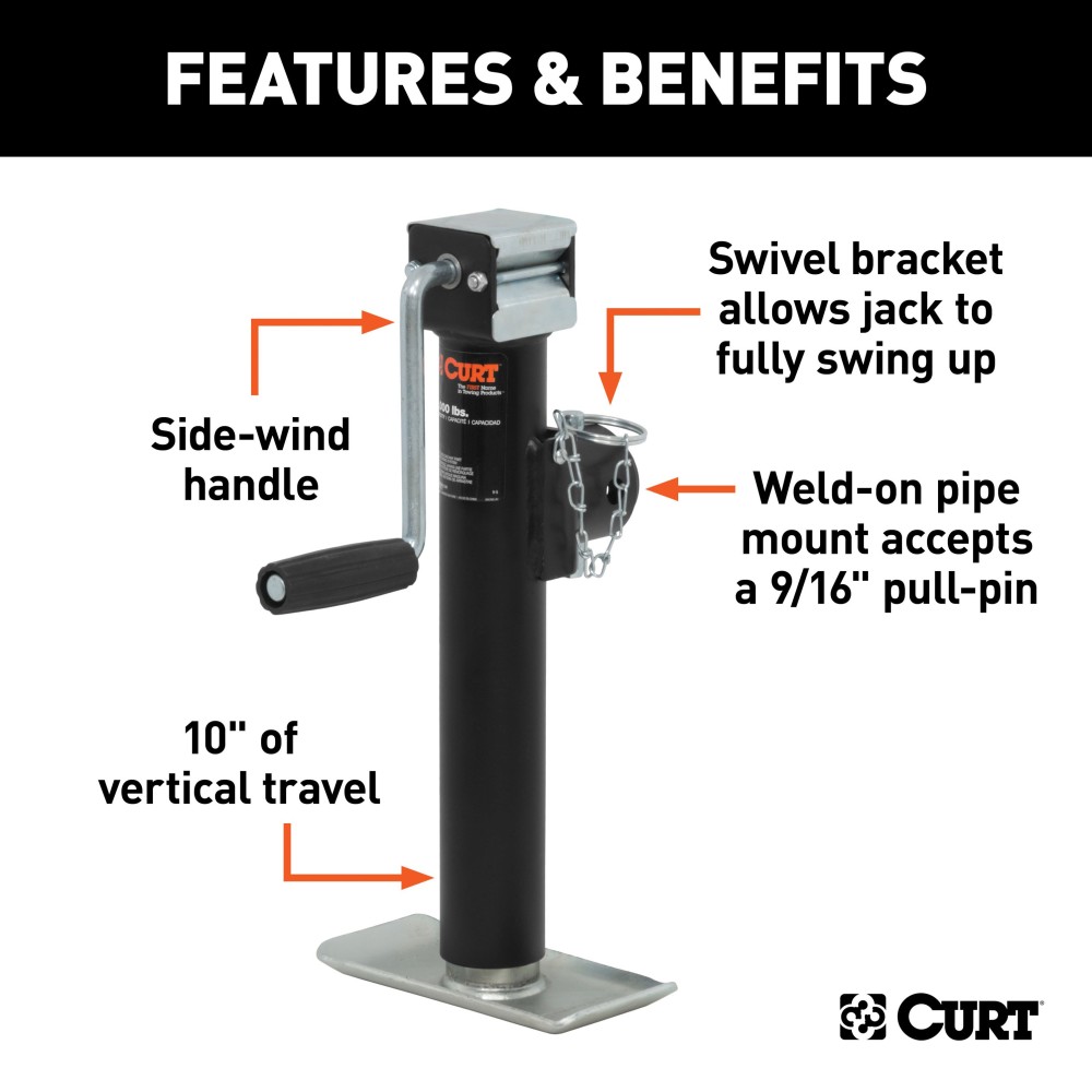 CURT pipe mount swivel jack rated for 3,000 lbs. support with swivel feature and side-wind handle