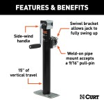 CURT Swivel Trailer Jack with 3000 lbs Support Capacity CURT pipe mount swivel trailer jack with side-wind handle and 15-inch travel