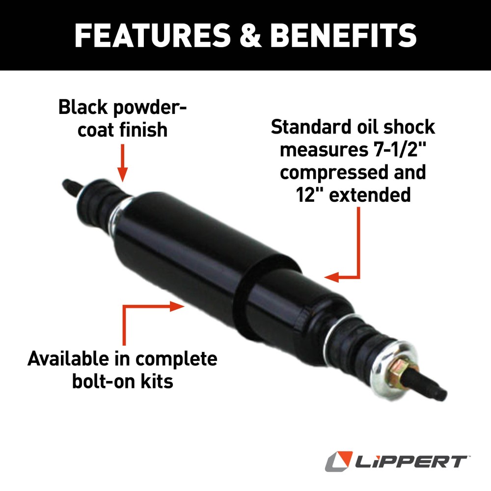 Lippert Replacement Shocks for RV Trailer Suspension, Black Black Lippert replacement shock for RV trailer suspension with bolt-on kit components