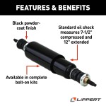 Lippert Replacement Shocks for RV Trailer Suspension, Black Black Lippert replacement shock for RV trailer suspension with bolt-on kit components
