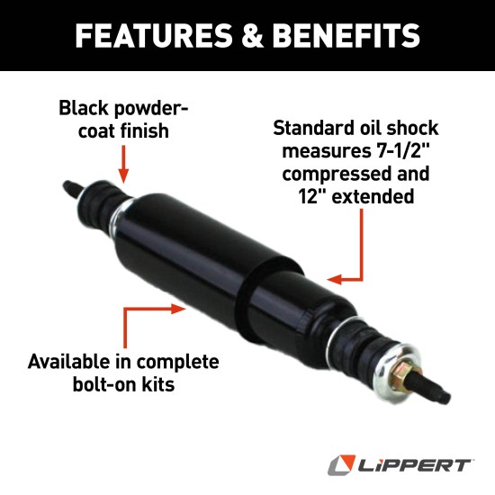 Lippert Replacement Shocks for RV Trailer Suspension, Black Black Lippert replacement shock for RV trailer suspension with bolt-on kit components