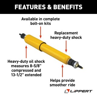 Lippert Heavy-Duty RV Trailer Suspension Replacement Shock Lippert heavy-duty replacement shock for RV trailer suspension in yellow